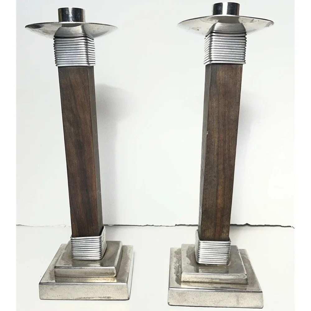 Vintage Set MCM Wood and Chrome Candle Holders